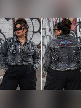 Y2K Akdmks Acid Wash Cropped Denim Jean Jacket Embroidered 3XL Edgy Streetwear